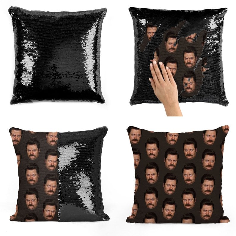 Ron Swanson Faces Sequin Pillow