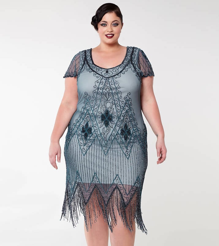 Annette Fringe Flapper Dress In Blue Grey