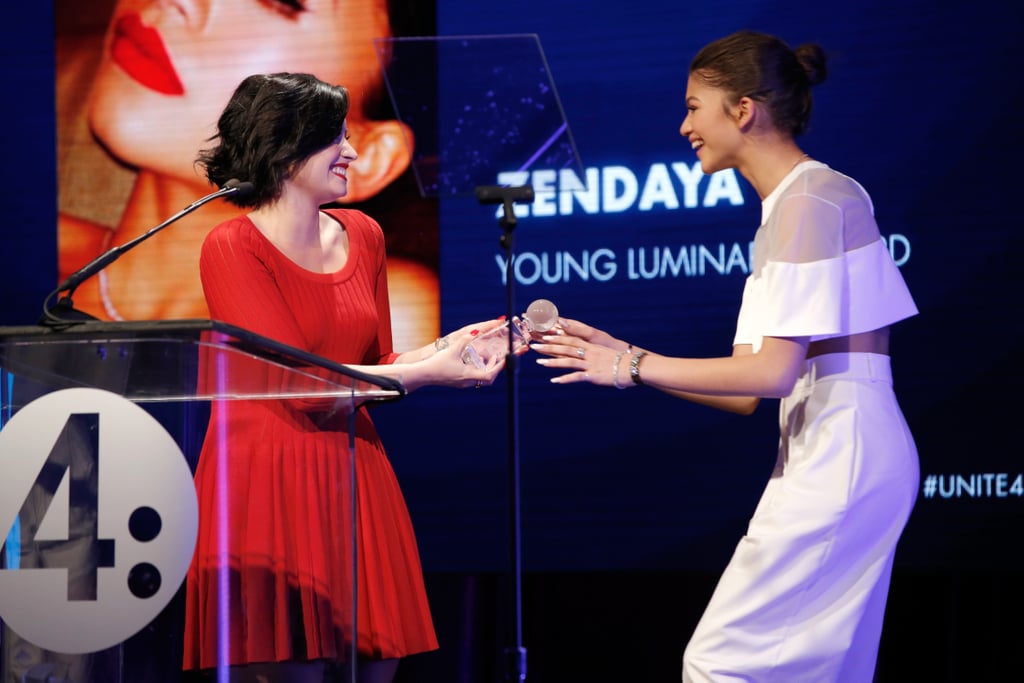 Over at unite4:humanity's party, Demi Lovato presented Zendaya with the young luminary award, the same trophy Demi took home last year.