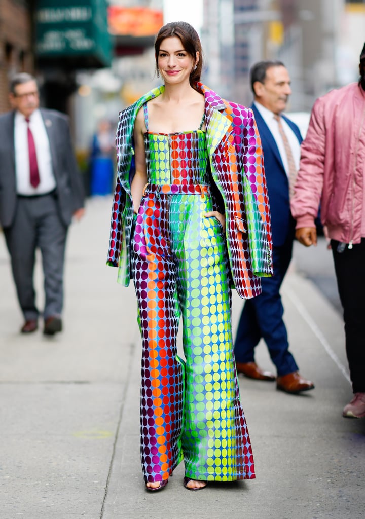 Anne Hathaway Wears Colourful Christopher John Rogers Outfit