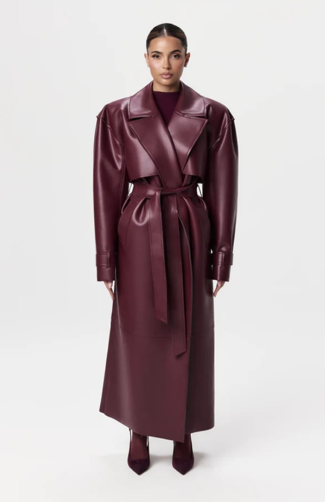 Naked Wardrobe Vegan Leather Trench Coat ($298)
While burgundy may have been the "it-color" of last season, the rich hue is back for another season (at least in my opinion). I've been wanting to elevate my outerwear game this year, and this leather trench from Naked Wardrobe is a perfect start. From its sleek shoulder pads to its raw edge trim, it just screams luxe.