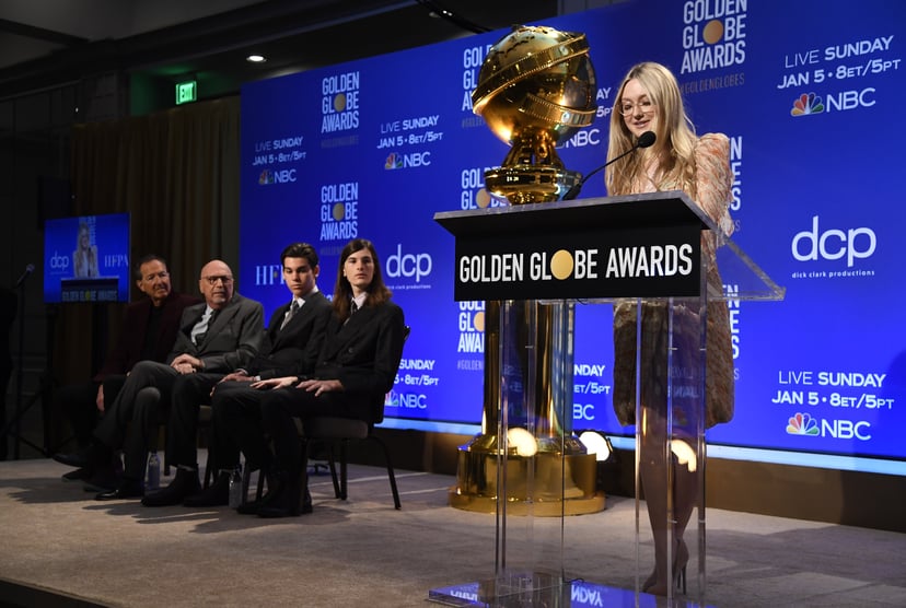 BEVERLY HILLS, CA - DECEMBER 09: Presenter Dakota Fanning speaks at the 77th Annual Golden Globe Awards Nominations Announcement at The Beverly Hilton Hotel on December 9, 2019 in Beverly Hills, California. (Photo by Kevork Djansezian/Getty Images)