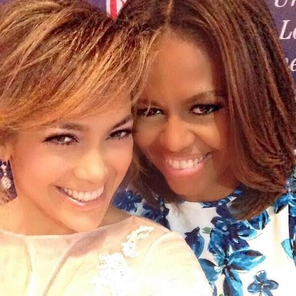 Jennifer Lopez and First Lady Michelle Obama huddled for their smiley selfie at a charity luncheon in July 2015.