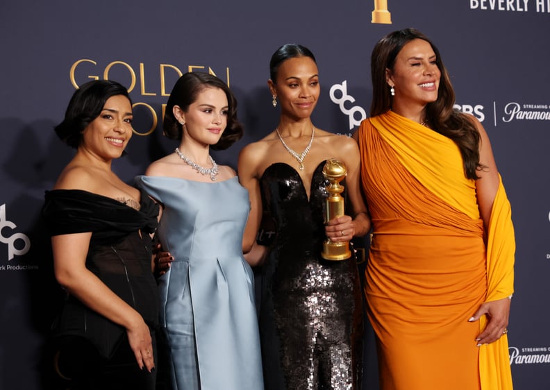 BEVERLY HILLS, CALIFORNIA - JANUARY 05: (L-R) Adriana Paz, Selena Gomez, Zoe Saldana and Karla Sofía Gascón, winners of the Best Motion Picture – Musical Or Comedy Award for 
