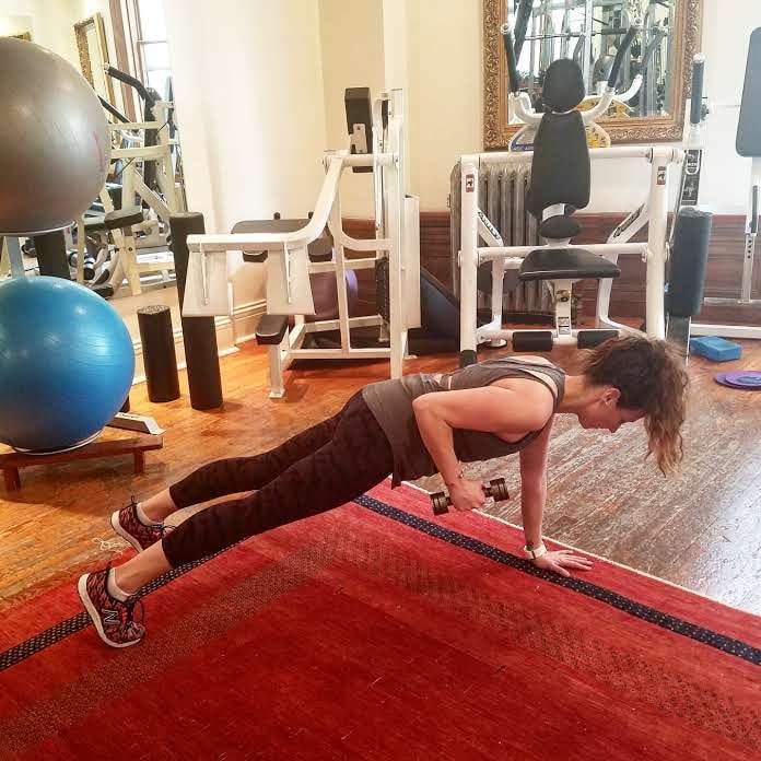 Plank With Dumbbell Row to Triceps Extension