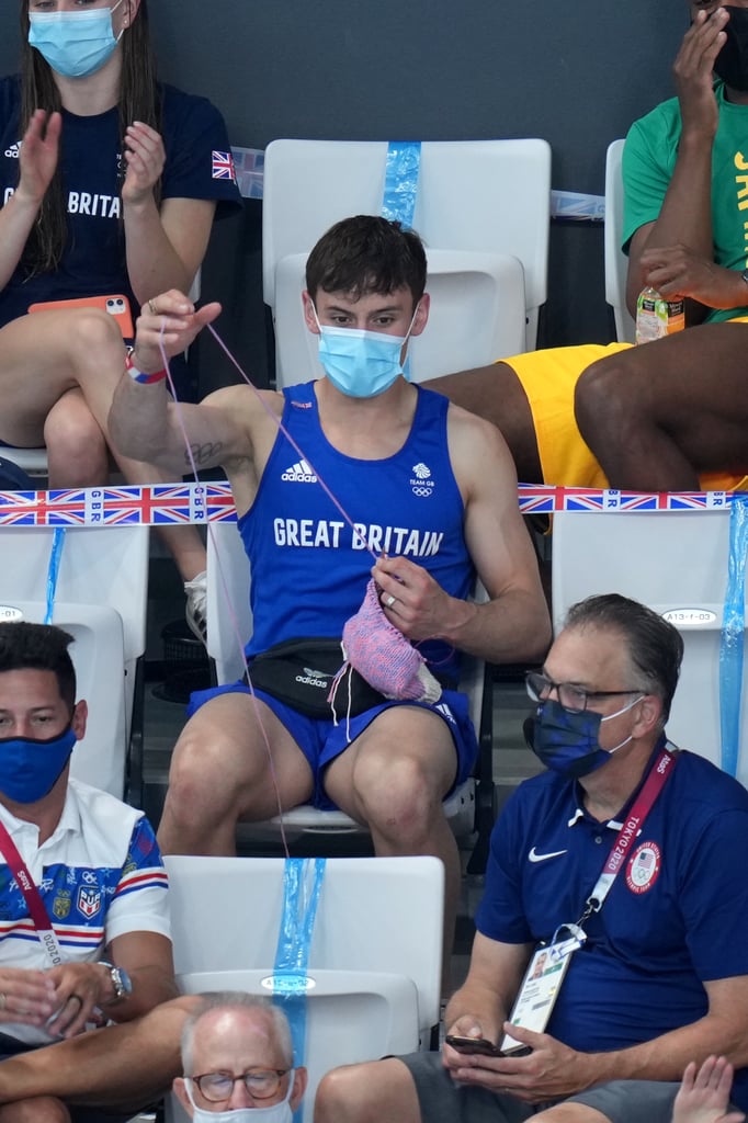 Tom Daley Seen Knitting in Stands at Tokyo Olympics | Photos