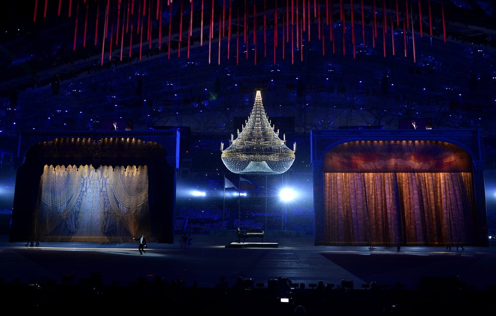 Two giant stages popped up in the middle of the arena, a chandelier hanging between them.