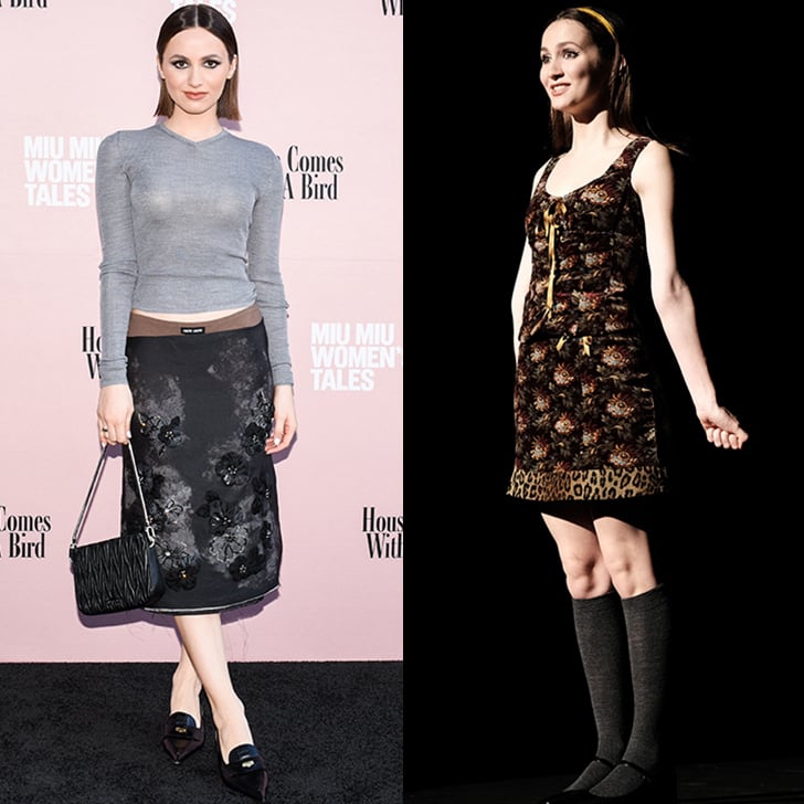 Left: Maude Apatow styled by Mimi Cuttrell for a Miu Miu Women's Tales event. Right: Lexi Howard wears a mixed print babydoll dress with knee-socks and By Far Ginny Mary-Jane shoes on "Euphoria."