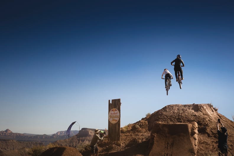 Casey Brown and Hannah Bergemann testing out their lower jump for the first time, in Utah, USA on May 14, 2022 // Robin O'Neill / Red Bull Content Pool // SI202205180075 // Usage for editorial use only //