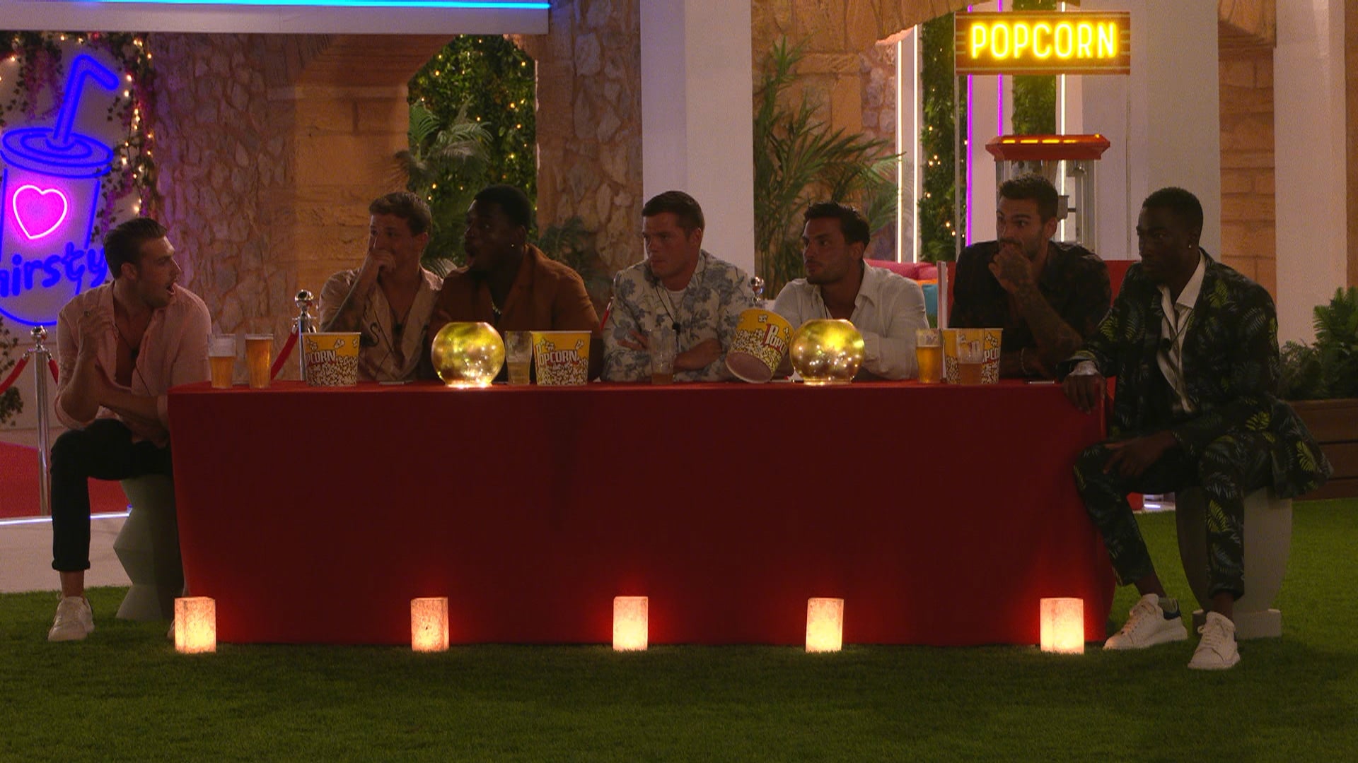 From Lifted EntertainmentLove Island: SR8: Ep40 on ITV2 and ITV HubPictured: The Islanders have movie night: Andrew, Lua, Dami, Billy, Davide, Adam and Deji,This photograph is (C) ITV Plc and can only be reproduced for editorial purposes directly in connection with the programme or event mentioned above, or ITV plc. Once made available by ITV plc Picture Desk, this photograph can be reproduced once only up until the transmission [TX] date and no reproduction fee will be charged. Any subsequent usage may incur a fee. This photograph must not be manipulated [excluding basic cropping] in a manner which alters the visual appearance of the person photographed deemed detrimental or inappropriate by ITV plc Picture Desk.  This photograph must not be syndicated to any other company, publication or website, or permanently archived, without the express written permission of ITV Picture Desk. Full Terms and conditions are available on the website www.itv.com/presscentre/itvpictures/termsFor further information please contact:james.hilder@itv.com