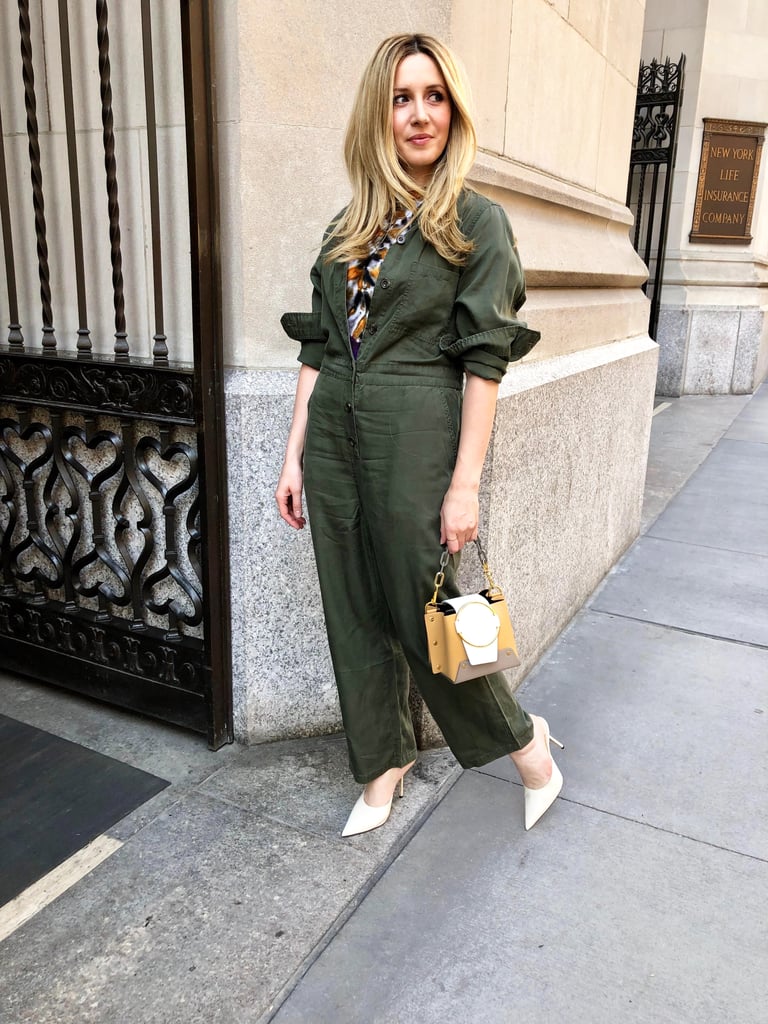 While I'm all for a jumpsuit's one-and-done simplicity, I wanted to add in a few playful pieces for more texture. Also, another trend that's piquéd my interest is tie-dye, and a swirly T-shirt felt like the perfect piece to layer for a cool pop. In true "me" fashion, I finished my look with sleek mules, a geometric bag, and though you can't see them, a linked pair of hoop earrings. 
On Laura: POPSUGAR at Kohl's utility suit, Agolde tie-dye T-shirt, Jimmy Choo mules, Yuzefi bag, Ariel Gordon earrings.