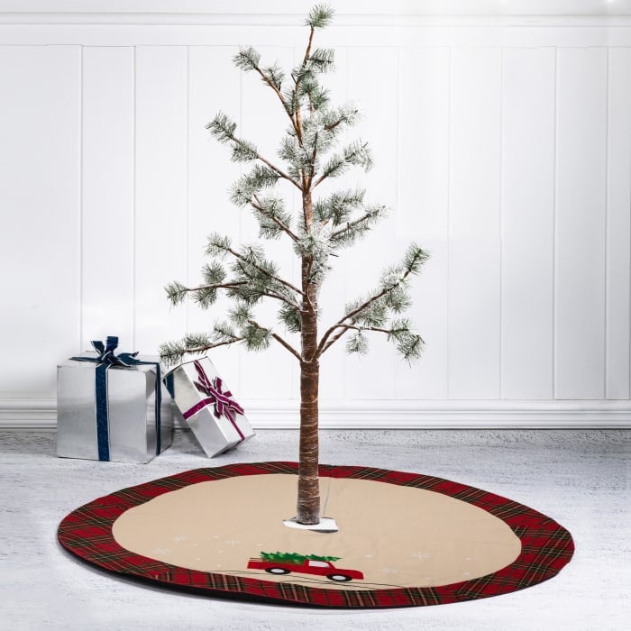 Red Truck Tree Skirt With Rustic Plaid Trim