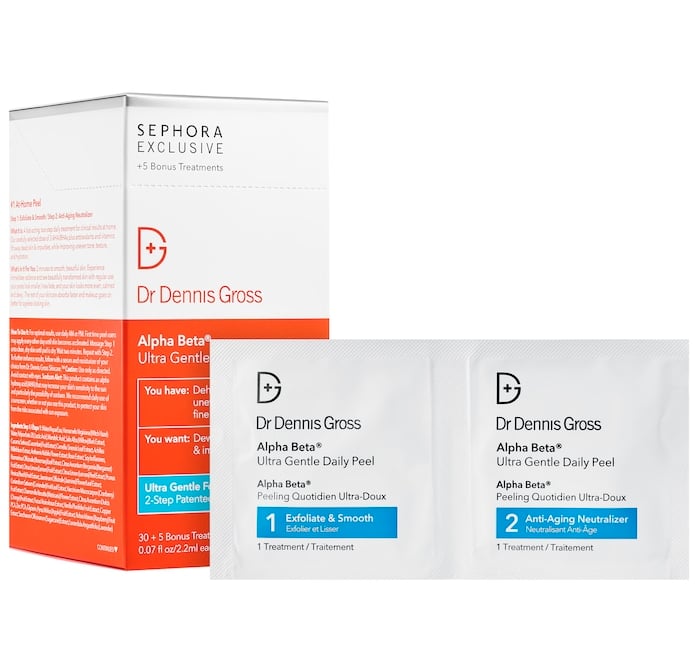 Dr. Dennis Gross Skincare Alpha Beta Ultra Gentle Daily Peel For Sensitive Skin ($94)
Whether you're already a fan of professional peels or simply peel curious, these at-home, two-step packs have earned thousands of glowing reviews from other Sephora shoppers. Just like the standard and extra-strength sets, this Dr. Dennis Gross Skincare Alpha Beta Ultra Gentle Daily Peel For Sensitive Skin uses exfoliating acids to smooth skin and refine pores, but there's also soothing colloidal oatmeal and Centella asiatica to suit more sensitive types.