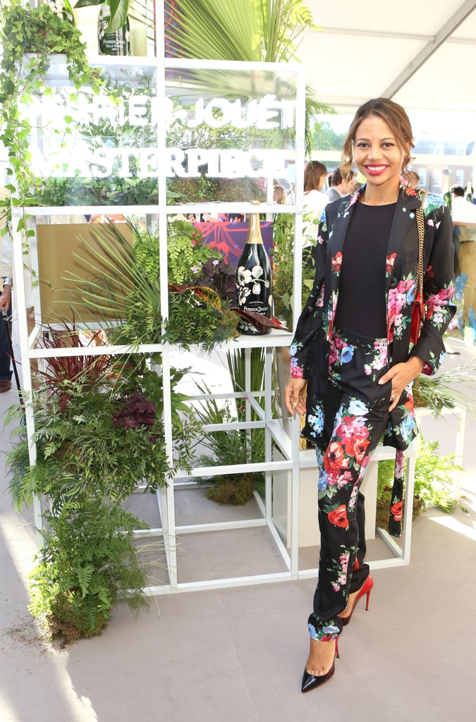 Taking florals to the next level in a trouser suit at a Perrier Jouet event  in 2018.