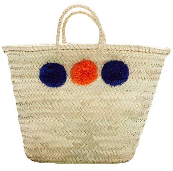 Malaga French Market Basket, With Pompoms (Orange and Indigo Blue) ($35)
