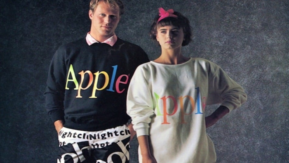 While it's hard to imagine Steve Jobs walking through the office barefoot and sporting one of these bright tops, if you were alive in 1986, you could have rocked Apple's colorful clothing collection.
Source: Imgur user rickh3255