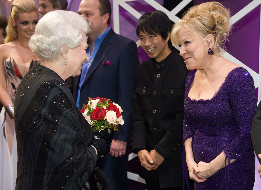 Queen Elizabeth and Bette Midler made each other's acquaintance after the Royal Variety Performance in December 2009 in Blackpool, England.
