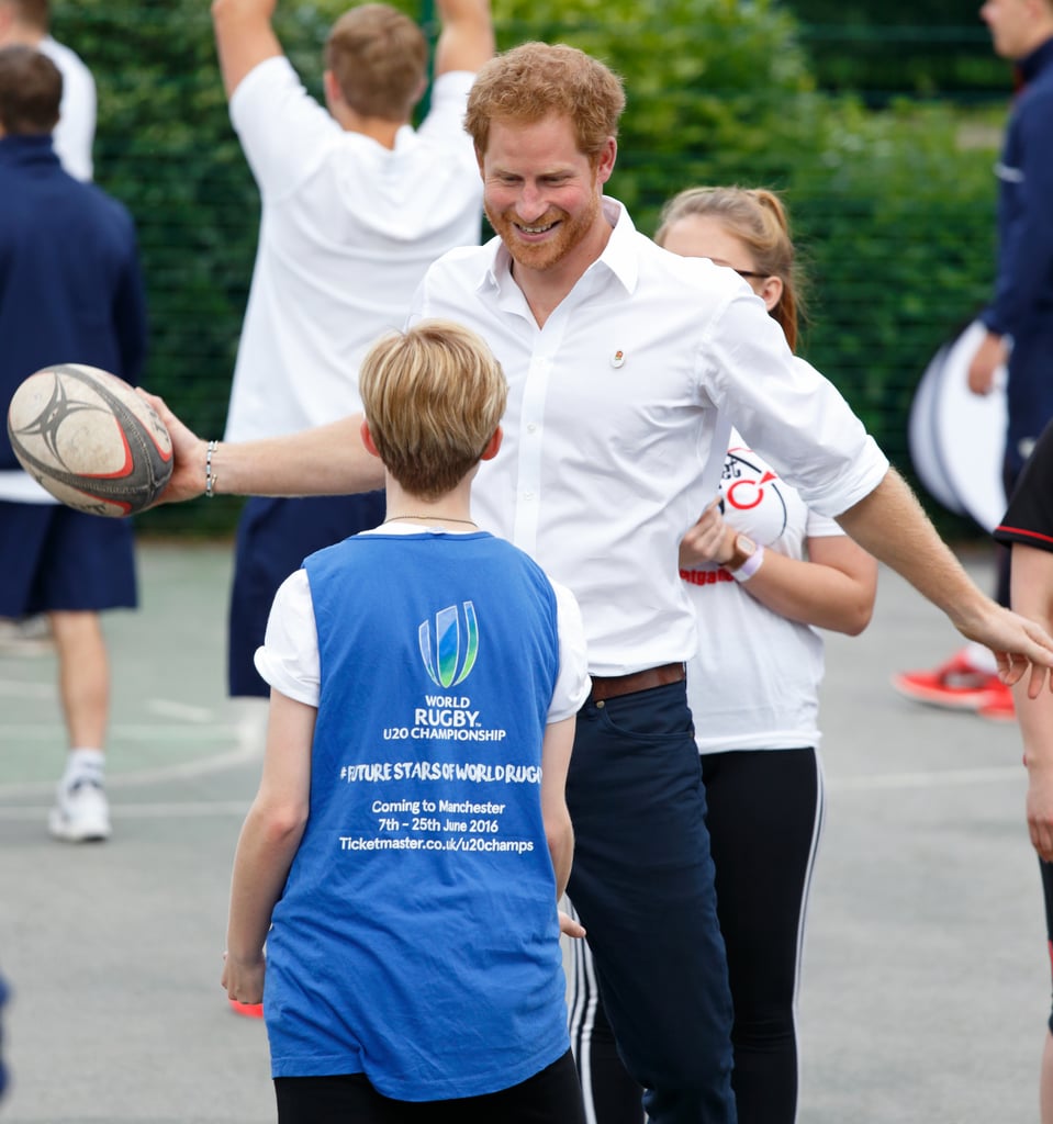 He showed off his sporty side during at a rugby skills workshop in Stockport, England in late June.