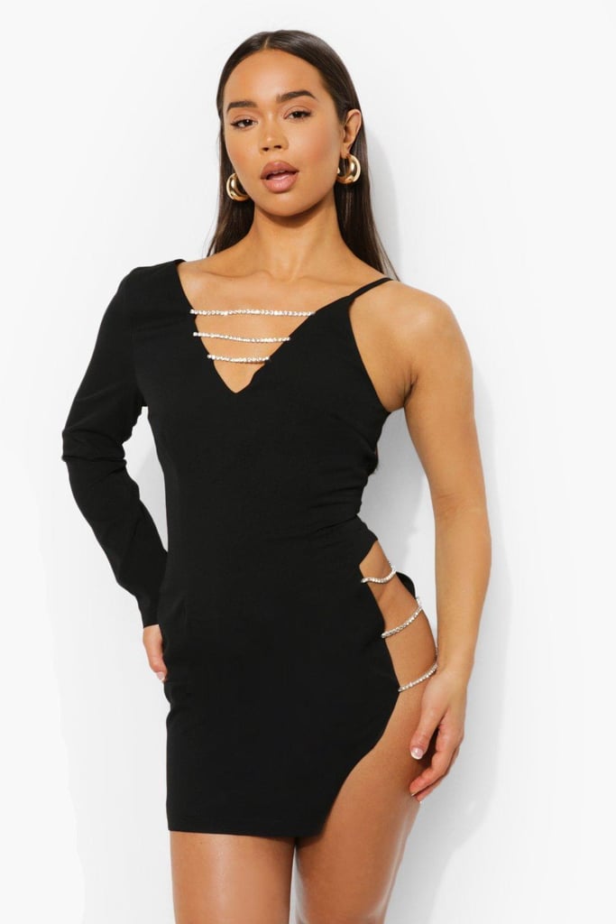 Boohoo Diamante Cut Out Plunge One Sleeve Mini Dress