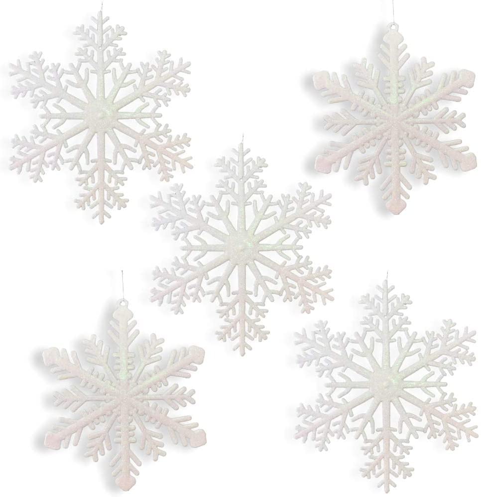Set of 5 White Glittered Snowflakes