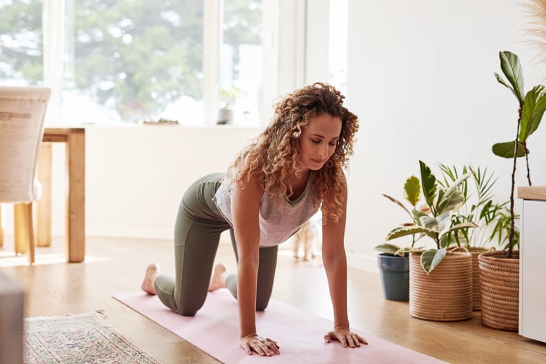 Shot of a young woman doing Cat-Cow pose practicing yoga at home