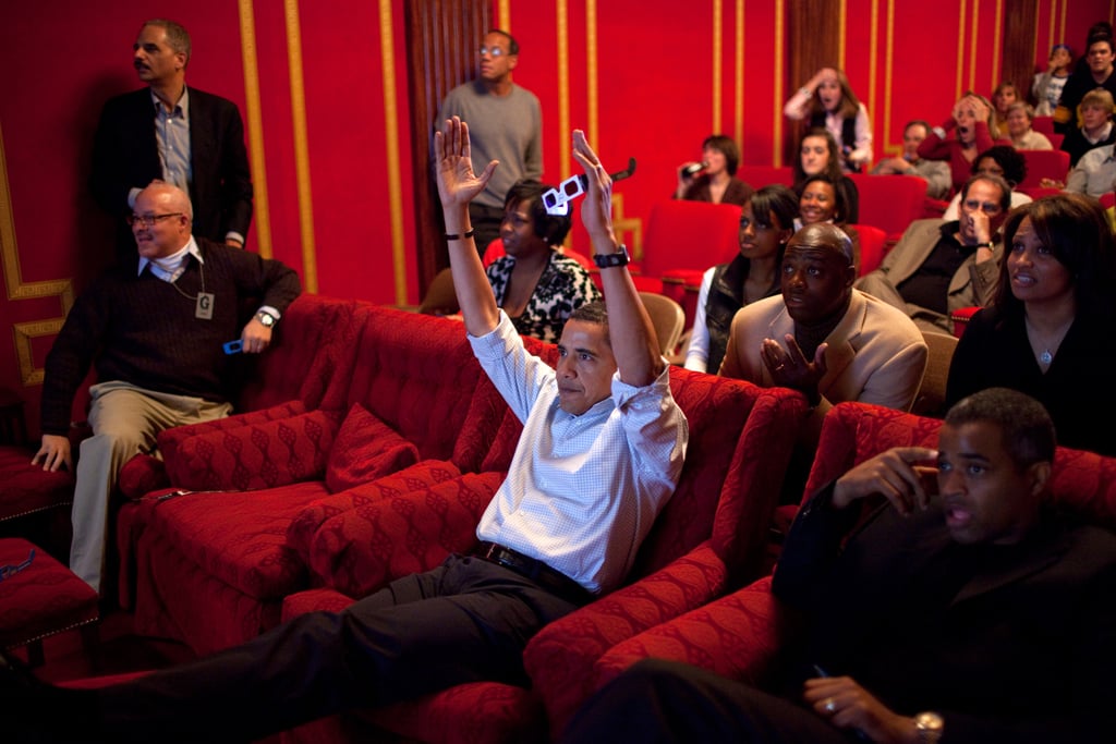 President Barack Obama celebrated a touchdown while watching the 2009 Super Bowl in the White House family theater.