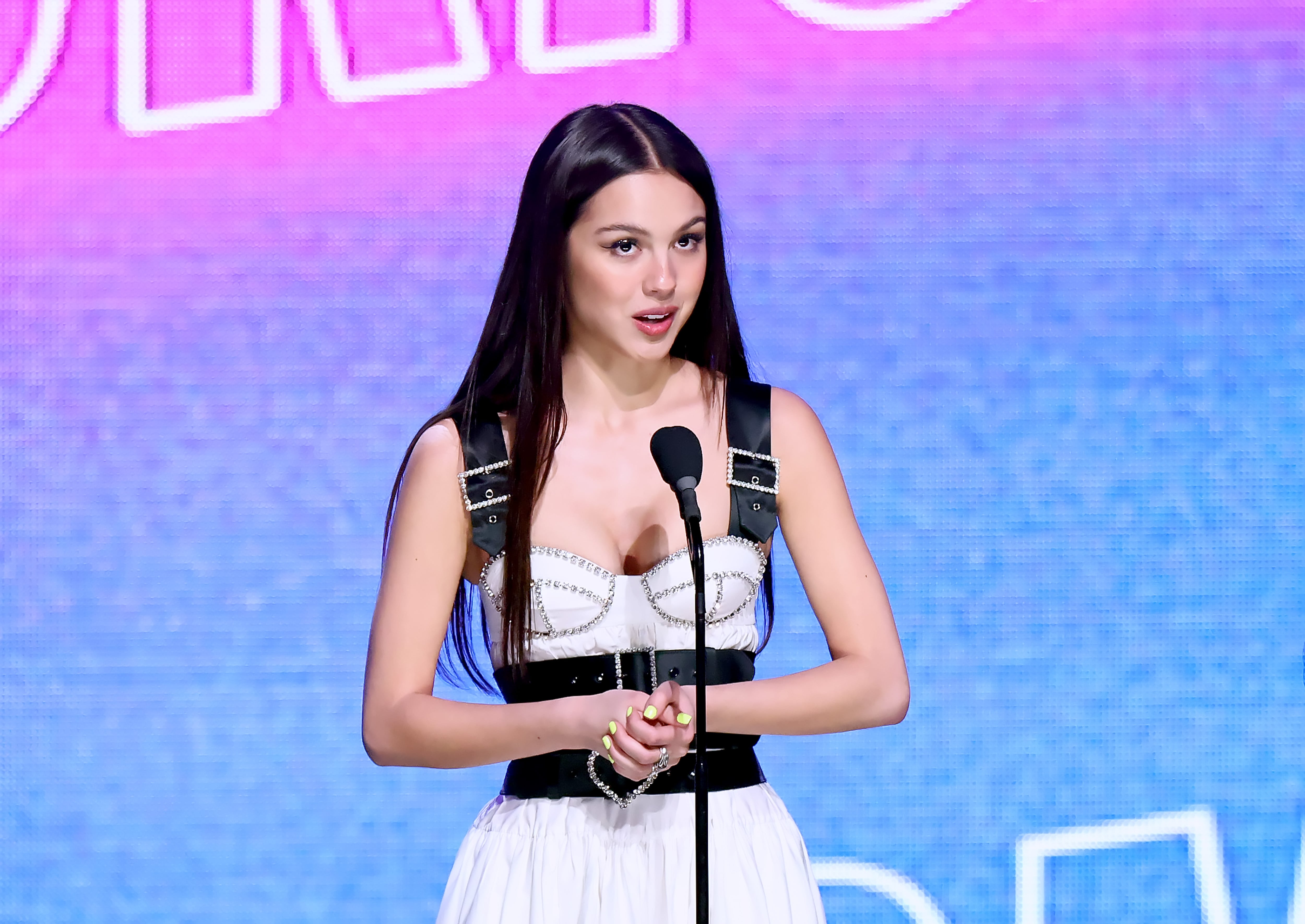 olivia rodrigo white corset dress Olivia Rodrigo White Area Dress at Billboard Women in Music