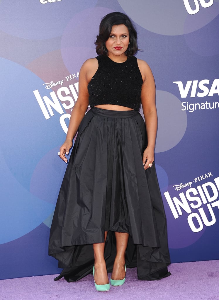 Mindy was spotted at the premiere of Inside Out in a figure-flattering crop top and full skirt.