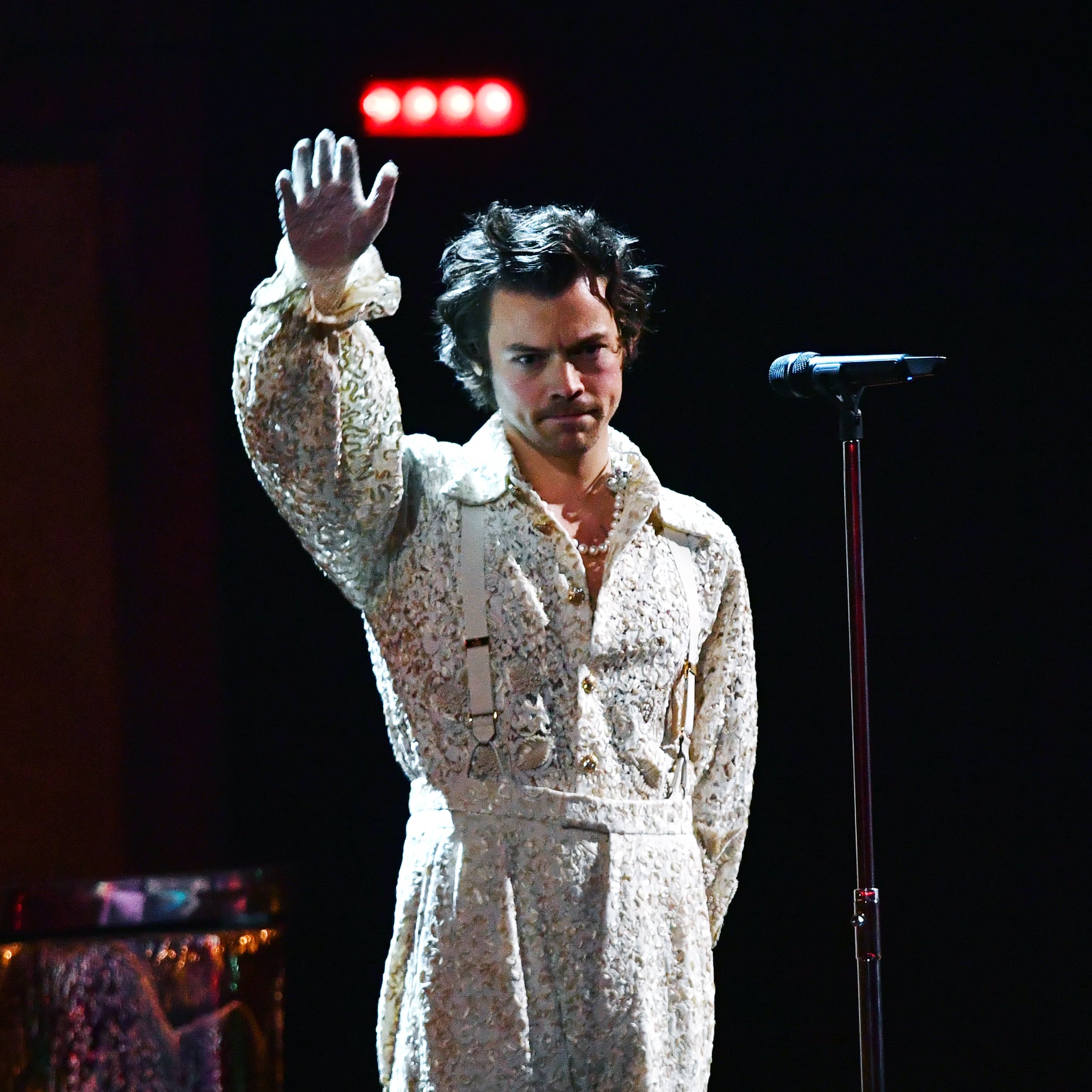 Harry Styles S Lace Gucci Jumpsuit At The Brit Awards Popsugar Fashion