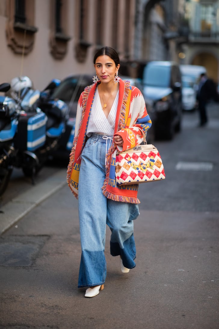 Give wide leg jeans the bohemian treatment with a printed robe