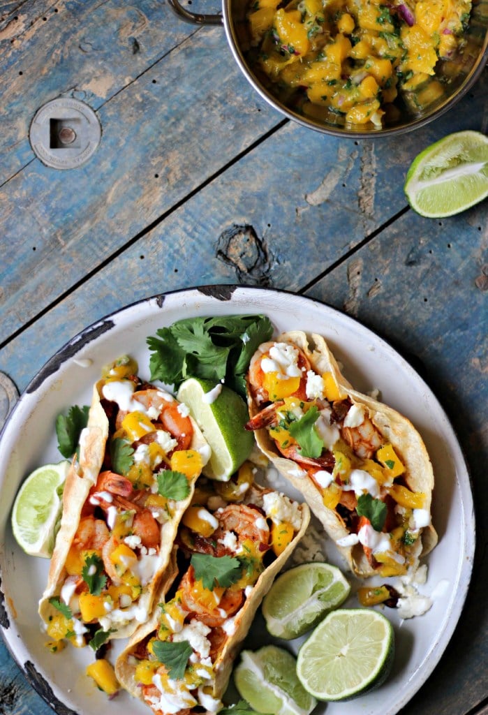 Smoky Shrimp Tacos With Chorizo Beans and Mango Salsa