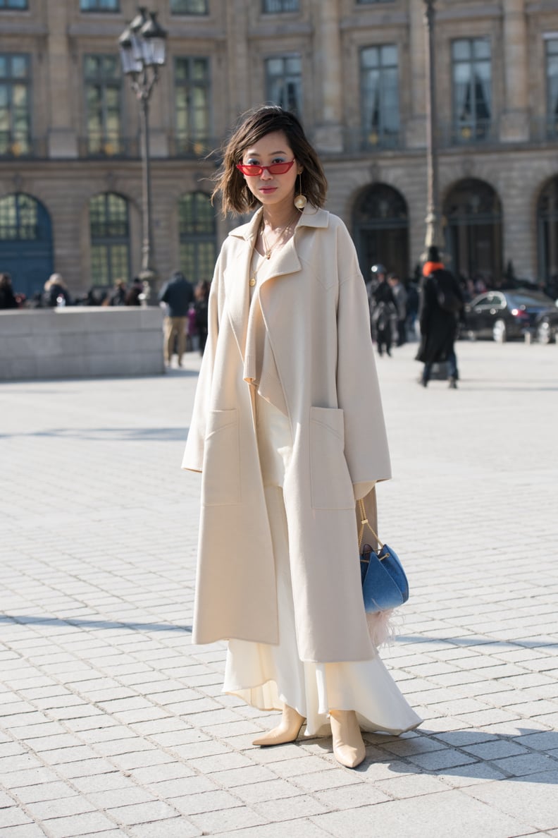 A Cream Coat and White Maxi Dress