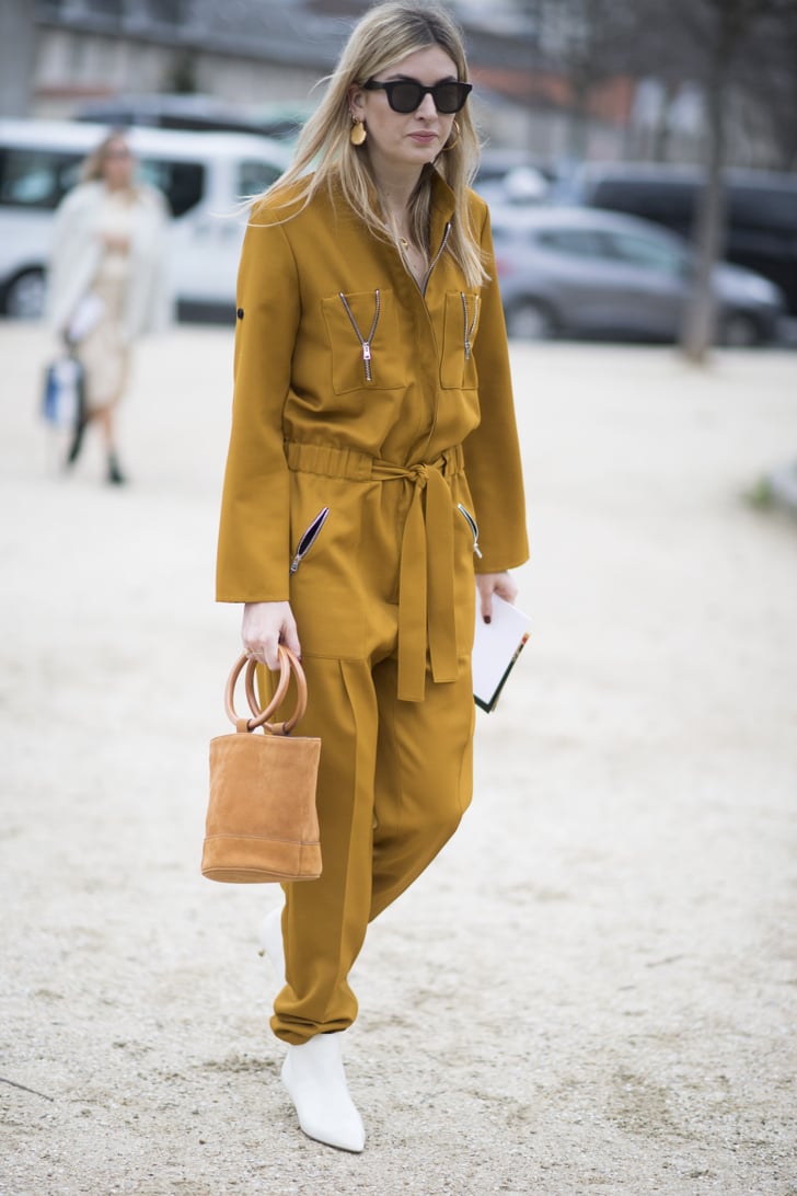 Give Your Boiler Suit a Feminine Look With White Heels and a Bucket Bag ...