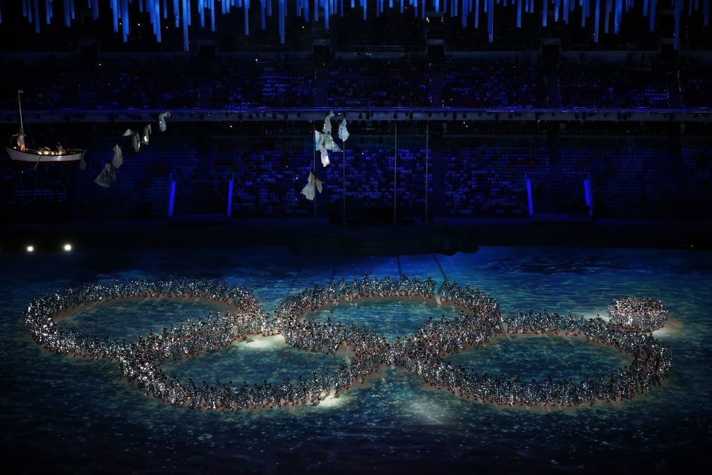 The dancers formed the shape of four Olympic rings and one stubborn snowflake — a nod to the snowflake malfunction in the opening ceremony.