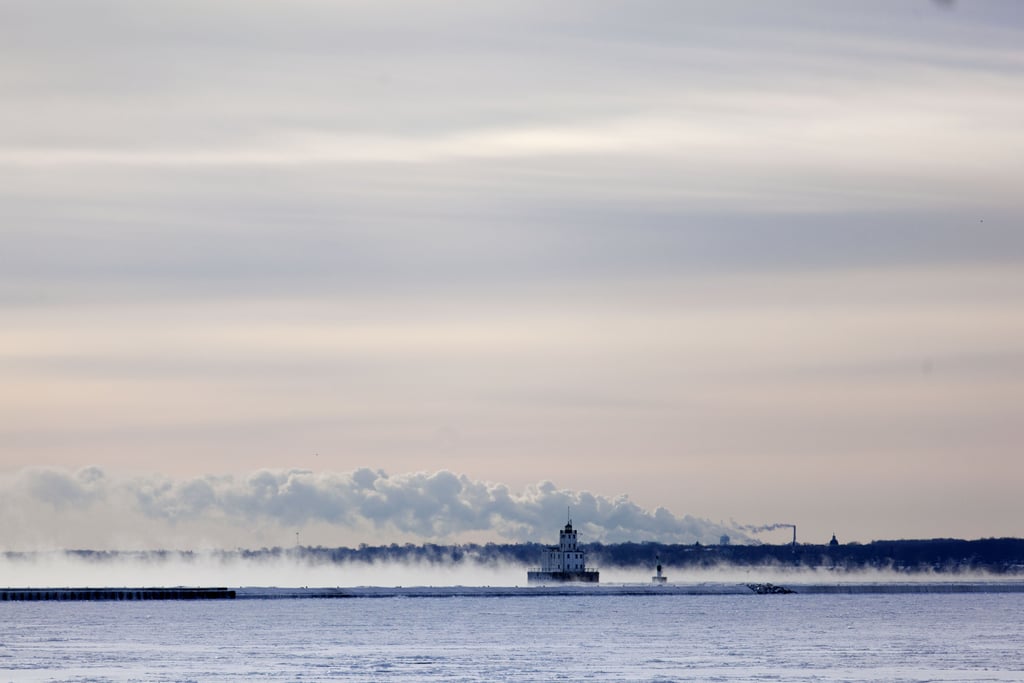 Steam rose off the water along the shore of Lake Michigan in Milwaukee, WI.