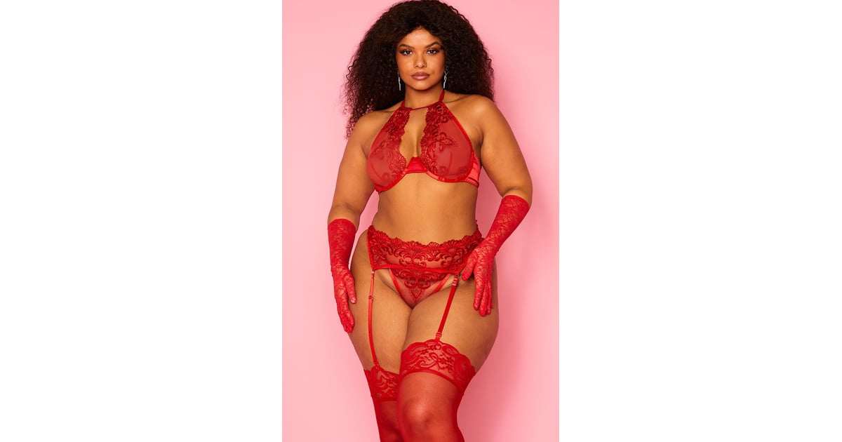 Pretty Little Thing Plus Halterneck 3 Piece Lingerie Set Sexy Red 