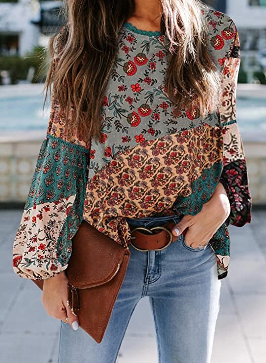 Biucly Casual Boho Floral Print Top