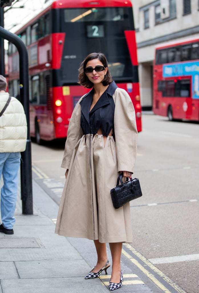 A midlength shirtdress and slingback kitten heels look even more sophisticated in a neutral colour palette.