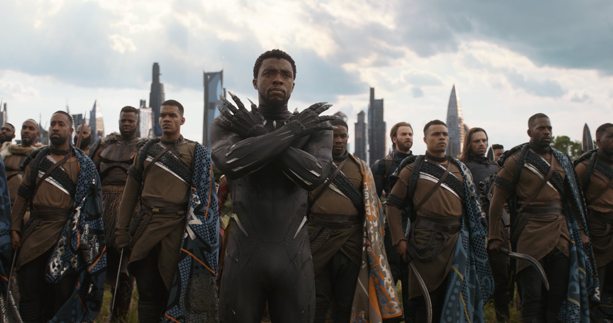 Marvel Studios' AVENGERS: INFINITY WAR..Black Panther/T'Challa (Chadwick Boseman), in b/g M'Baku (Winston Duke), Captain America (Chris Evans) and Winter Soldier (Sebastian Stan)..Photo: Film Frame..©Marvel Studios 2018