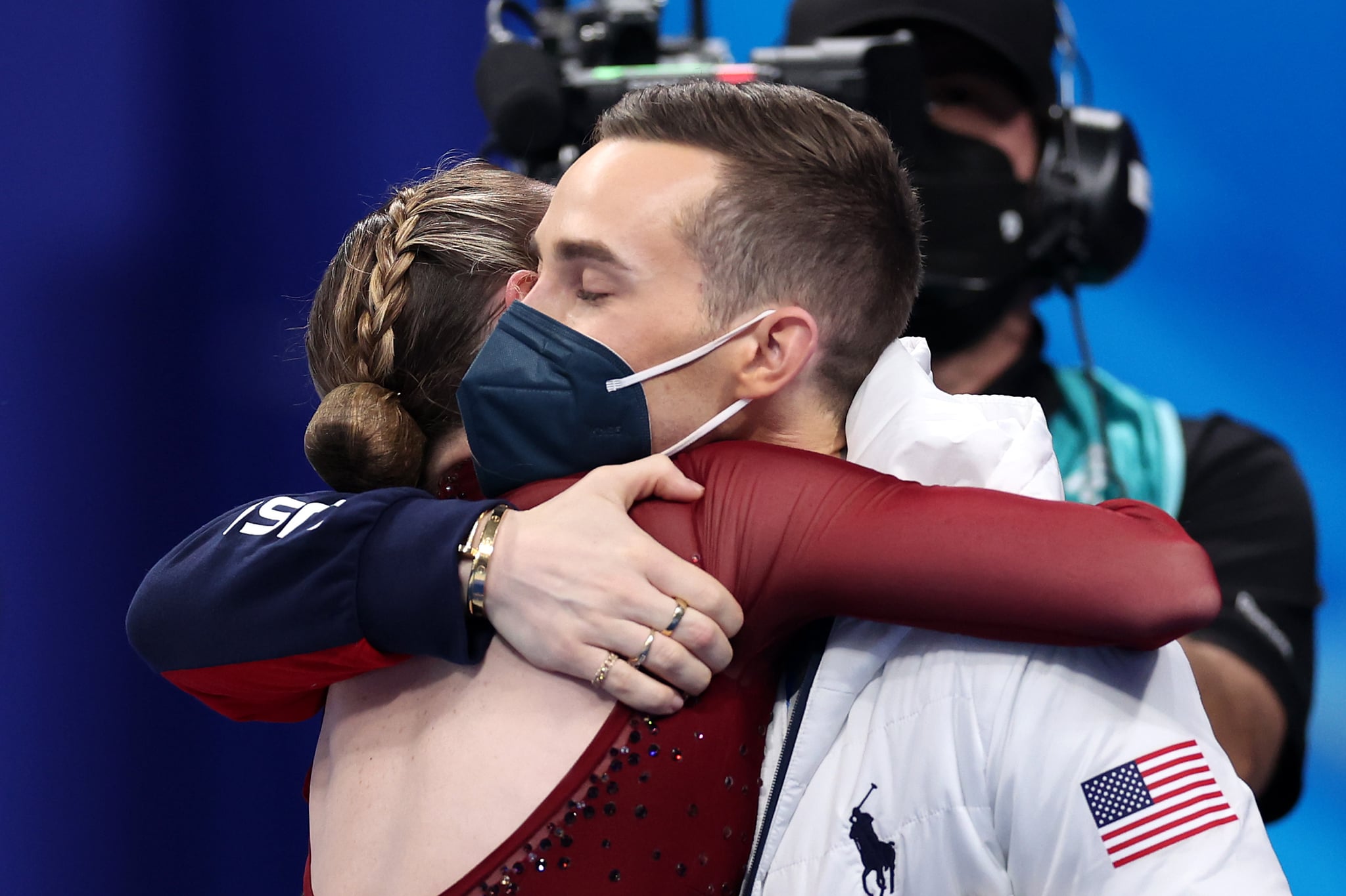 BEIJING, CHINA - FEBRUARY 17: Mariah Bell of Team United States reacts with coach Adam Rippon after skating during the Women Single Skating Free Skating on day thirteen of the Beijing 2022 Winter Olympic Games at Capital Indoor Stadium on February 17, 2022 in Beijing, China. (Photo by Matthew Stockman/Getty Images)