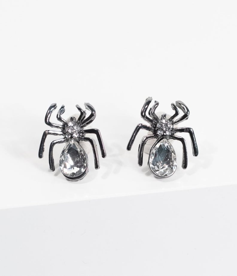 Gunmetal and Silver Crystal Spider Stud Earrings