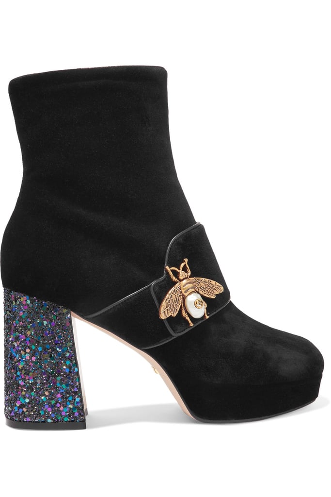 Gucci Embellished Glittered Velvet Ankle Boots