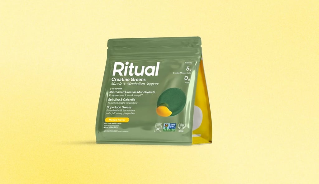 Ritual Creatine Greens ($46, originally $58)
Consistent training can be hard on your body, so it's important to make sure you are fueling yourself with nutrients that optimize an active lifestyle. Creatine is a superfood for your muscles — in terms of strength, energy, and recovery — and can be taken daily. Not only is it a main character in this new mix from Ritual, but it sneaks in tons of other powerhouse ingredients, such as spirulina and chlorella, in one easy drink.