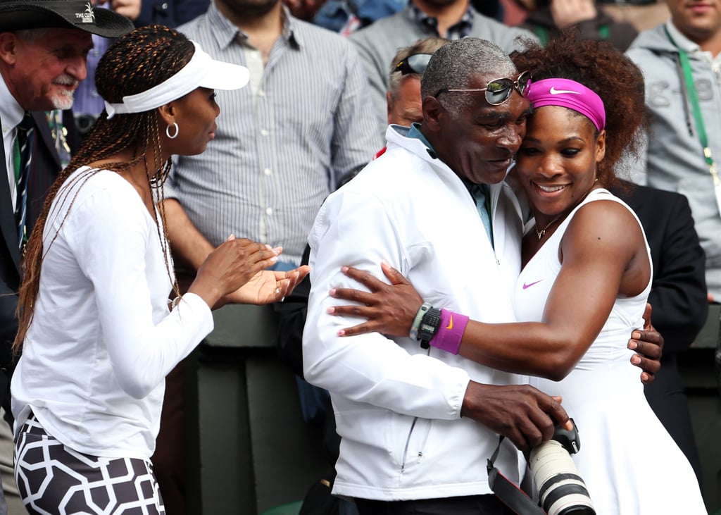 Serena celebrating with her father and sister Venus after her ladies' singles finals match against Agnieszka Radwanska during the 2012 Wimbledon Lawn Tennis Championships in London.