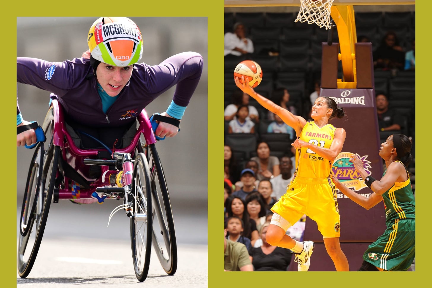 Amanda McGrory competing in paralympic track and field and Ticha Penicheiro shooting a basketball on the LA Sparks court.