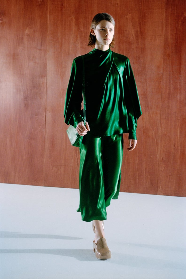 A Luxurious Set: Satin Effect Midi Skirt & Satin Bow Blouse