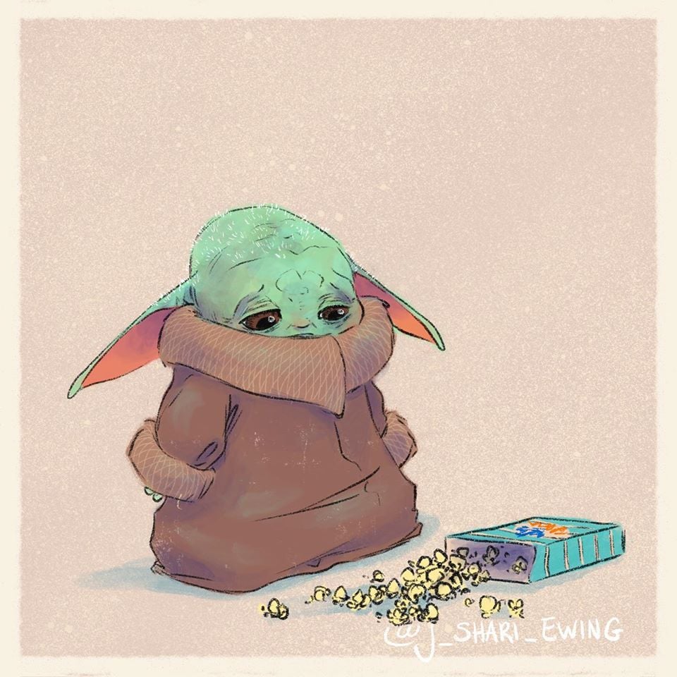 Illustrations of Baby Yoda Eating Popular Disney Snacks