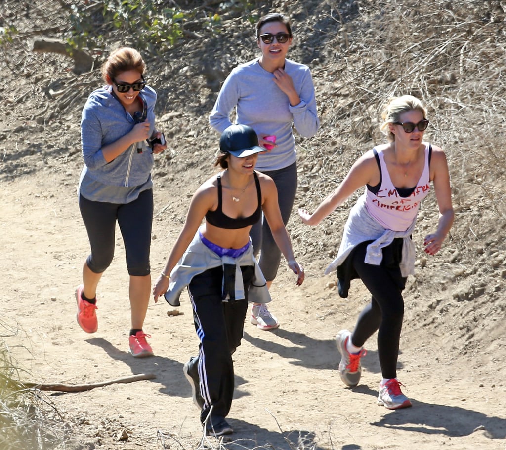 Vanessa Hudgens showed skin when she went for a hike with friends on Wednesday in LA.