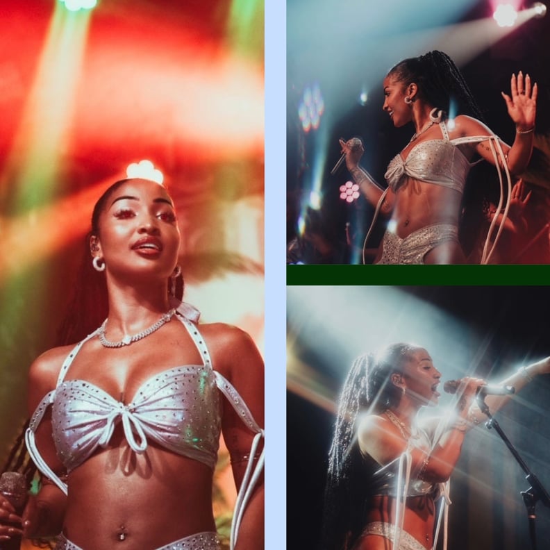 A triptych of photos of Shenseea performing on stage in New York City is shown.