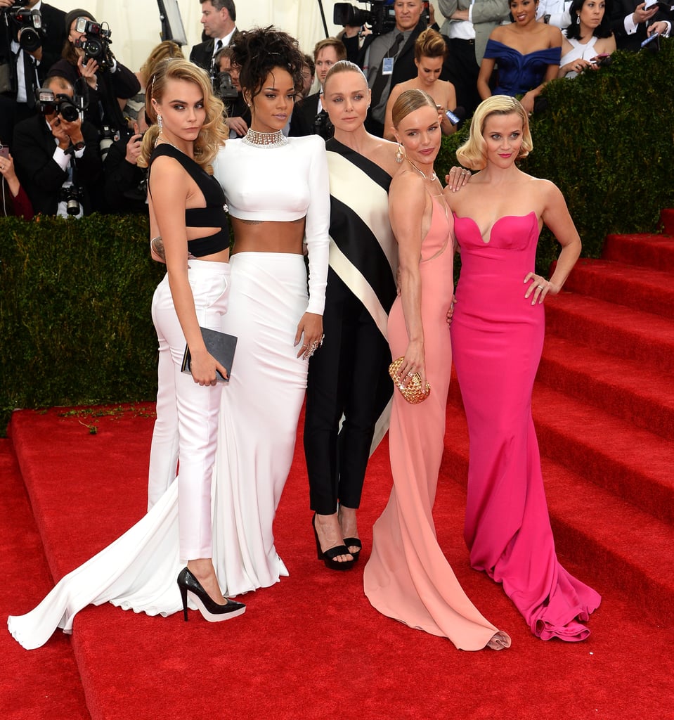 Cara Delevingne, Rihanna, Kate Bosworth, and Reese Witherspoon surrounded designer Stella McCartney in ensembles of her design.
